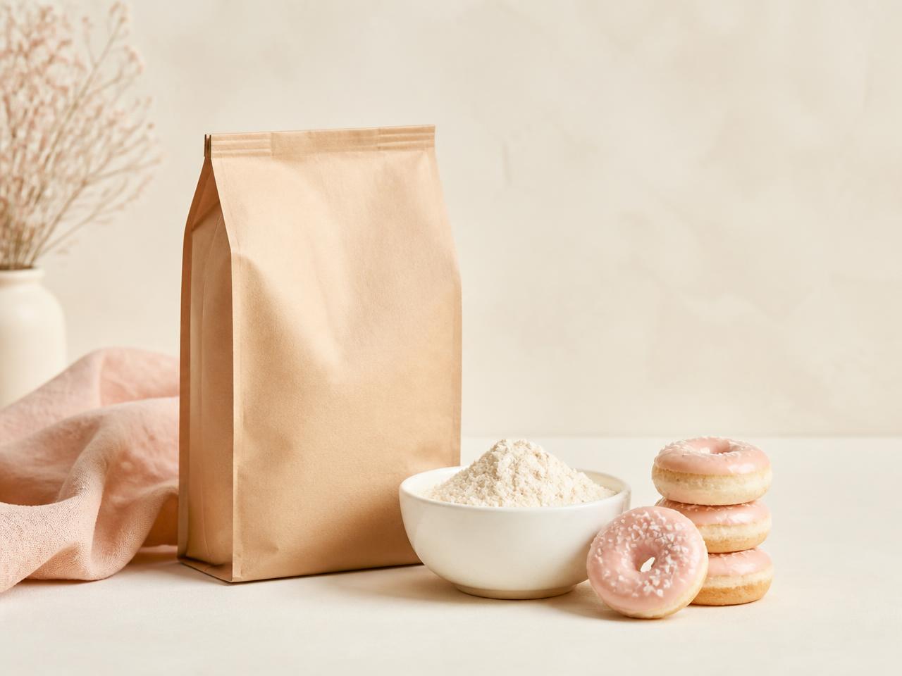 Papírový sáček se směsí na donuty, mistička sypké směsi a mini donuty na krémovém pozadí